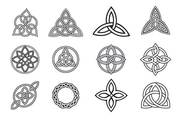 Set of Celtic outline knots ornament, Medieval viking tattoo shape vector, infinite weaving pattern, Collection of various form, stickers assets, abstract geometric graphic elements for design