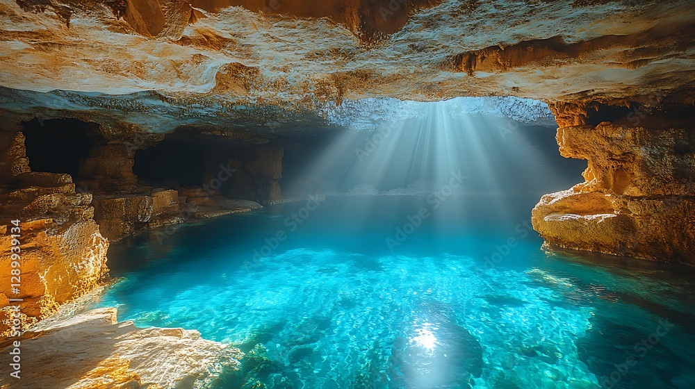 Aufkleber serene cave with crystal-clear water illuminated by sunlight streaming through openings.