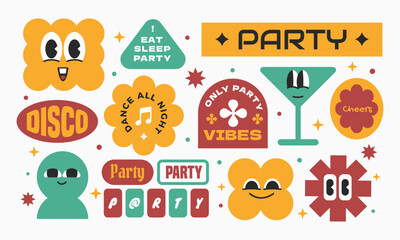 Party cartoon groovy stickers element collection y2k style. Funny retro character celebration.