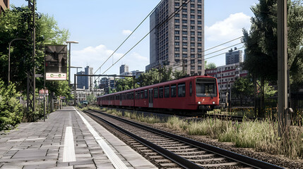 Naklejka premium Red Commuter Train at Urban Rail Station Platform on Sunny Day