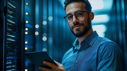 Tech in server room, tablet, portrait