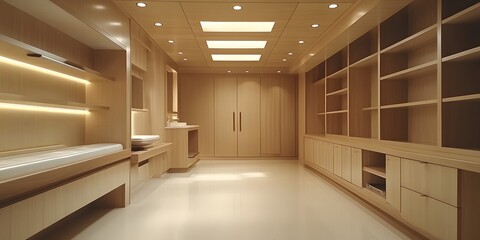 Obraz premium Modern Minimalist Wooden Interior Design: Luxurious and Spacious Room with Built-in Shelving and Cabinets