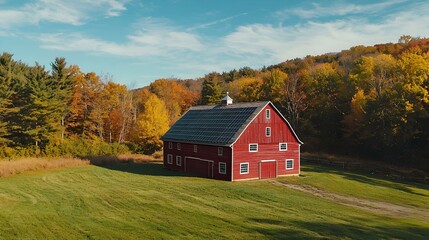 Fototapeta premium Solar panels on the roof of a red wooden barn