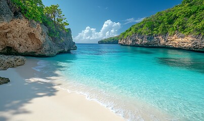 Fototapeta premium Serene tropical beach with clear turquoise water and lush greenery under a sunny sky.