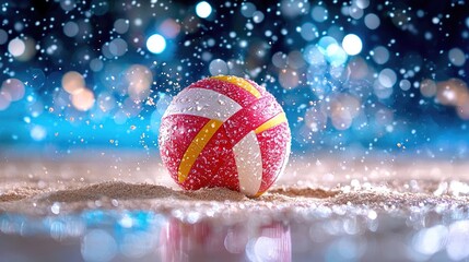 Wet volleyball on sandy beach at night, city lights bokeh. Sports advertising