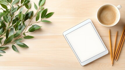 Cozy coffee break scene with tablet home office still life natural light top view relaxation