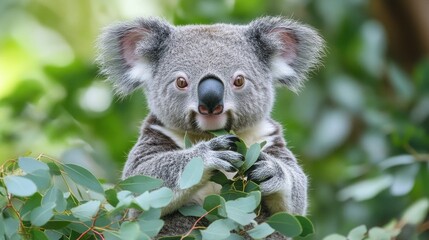 Obraz premium Curious Koala Eating Eucalyptus Leaves in Forest