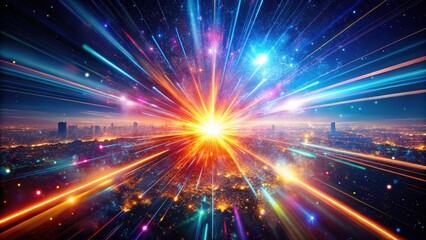 Drone Photography Abstract Light Burst Explosion: Aerial View, Colorful Energy, Dynamic Light Streaks, Night Photography, Futuristic Glow