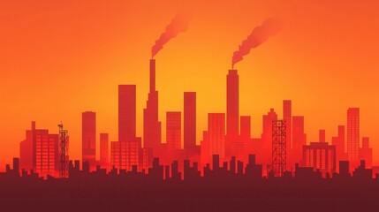 Fototapeta premium Silhouette of industrial cranes concept. Glowing Urban Skyline Silhouette with Smoky Chimneys at Dusk