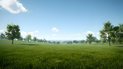 Fototapeta premium Bright Sunny Day in a Lush Green Field with Scattered Trees