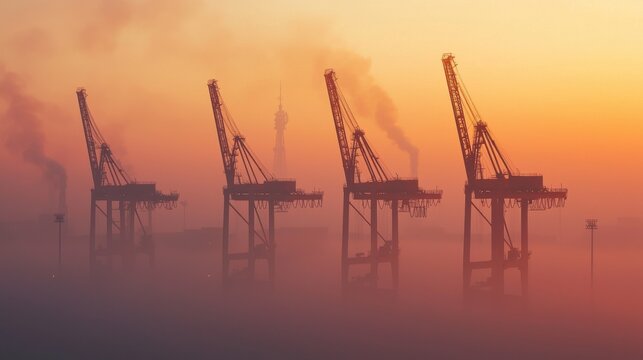 Silhouette of industrial cranes concept. Silhouetted Gantry Cranes at a Misty Shipping Port During Sunset - Powered by Adobe