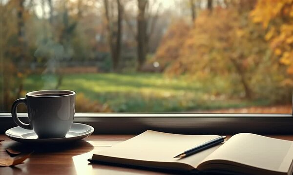 Autumn cafe coffee, notebook, window, park view, journaling