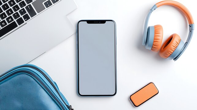 Tech essentials laptop smartphone and headphones on desk modern workspace flat lay view - Powered by Adobe