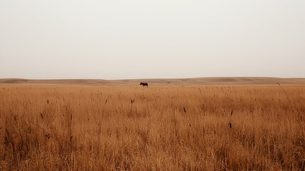 Lone horse grazing in vast, dry field; hazy sky