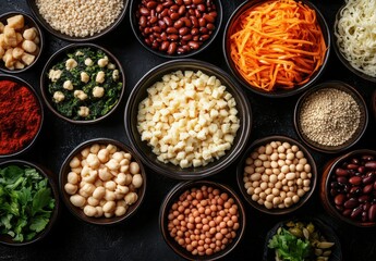 Colorful assortment of fresh and healthy ingredients in bowls, featuring beans, grains, vegetables, and spices on a dark surface