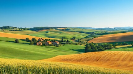 Serene countryside landscape with rolling hills and vibrant fields under a clear blue sky.