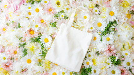 Mockup of blank white tote bag on white background surrounded variety of spring flowers pink and yellow color. Eco friendly cotton shopper for branding, design or logo placement shot from top angle.