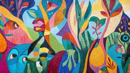 Mural featuring Adam and Eve with vibrant colors and expressive figures