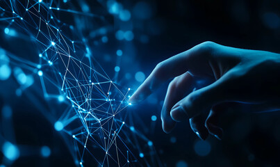 A hand is pointing at a blue line of dots