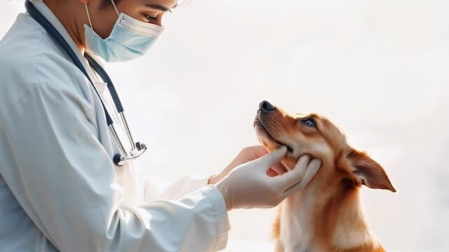 Greateful small dog remains still while female Asian veterinarian is examining him on a bright background inside a veterinary clinic. She is wearing surgical mask and gloves. Trust and compassion