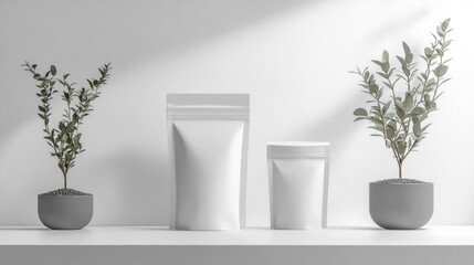 Obraz premium White shelf displaying three decorative vases and a green plant in a modern interior setting