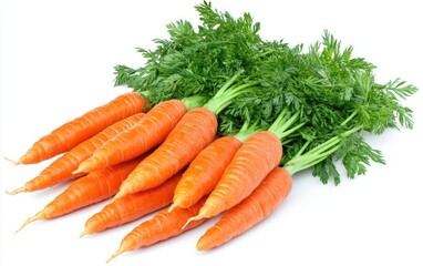 Fresh carrots with tops on white background