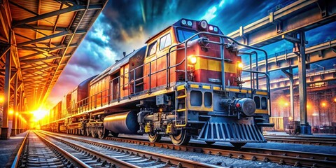 Obraz premium Industrial Freight Train Photography: Powerful Locomotive, Cargo Transport, Rail Freight, Heavy Haul, Railroad Imagery, Steel Wheels, Railway