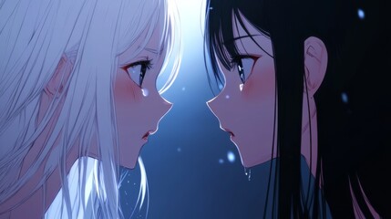 Emotional close-up of two anime girls facing each other, one with long white hair and the other with black hair, set against a simple blue background 