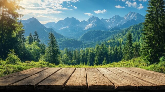 Wooden table with a scenic view of a mountain range under a clear blue sky