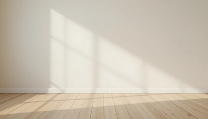A white wall with a wooden floor and window shadows