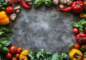 Colorful Fresh Vegetables and Herbs Arranged on Dark Slate with Copy Space for Cooking and Recipe Background