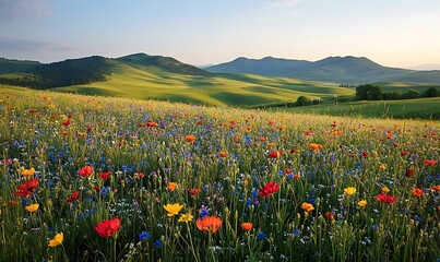 Vibrant wildflower field with rolling hills under a clear sky at sunrise.