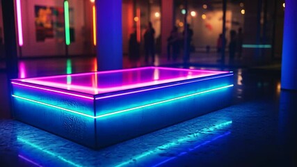 Neon light display platform in art gallery - Powered by Adobe