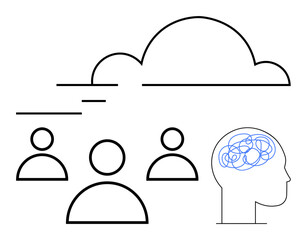 Cloud with three user icons and a human head with tangled lines signifying mental processes. Ideal for teamwork, brainstorming, cloud computing, communication, innovation, data sharing, abstract line