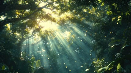 Obraz premium Sunbeams Through Lush Green Forest Canopy with Falling Leaves, Dreamy Light.
