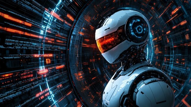 Futuristic robot with glowing interface in a digital vortex