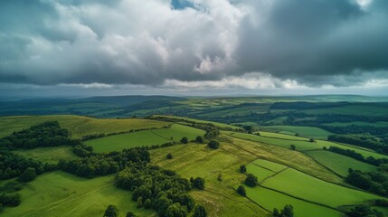 Obraz premium Dramatic Aerial View of Verdant Rolling Hills Under Stormy Skies, Dartmoor National Park, UK