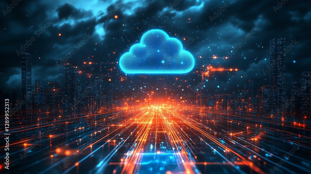 Poster Stunning digital illustration of cloud computing and pipe networks, symbolizing the automation and data flow of Industry 40, machine learning processes, and digital infrastructure
