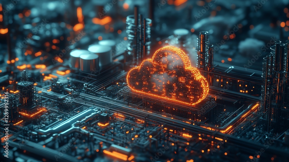 Poster Stunning digital illustration of cloud computing and pipe networks, symbolizing the automation and data flow of Industry 40, machine learning processes, and digital infrastructure