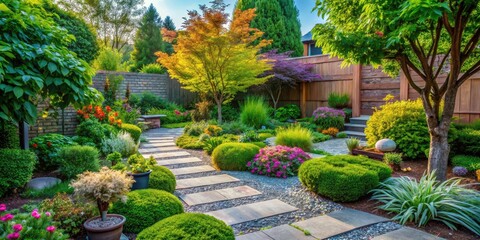 Obraz premium Minimalist Urban Backyard Garden: Tumbled Pavers, Flagstone, Lush Greenery