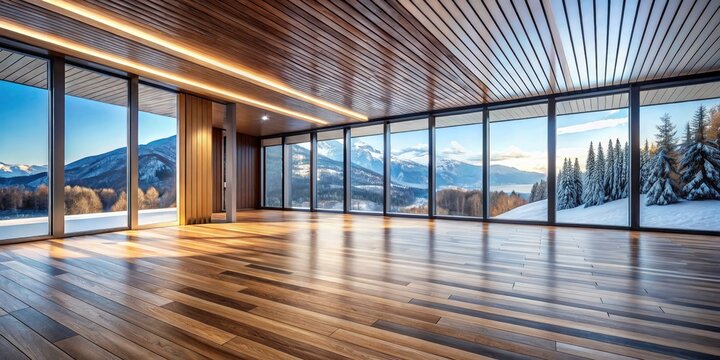 Minimalist Winter Room Design: Panoramic Snow View, Wooden Floor, Corrugated Roof Architecture Photography