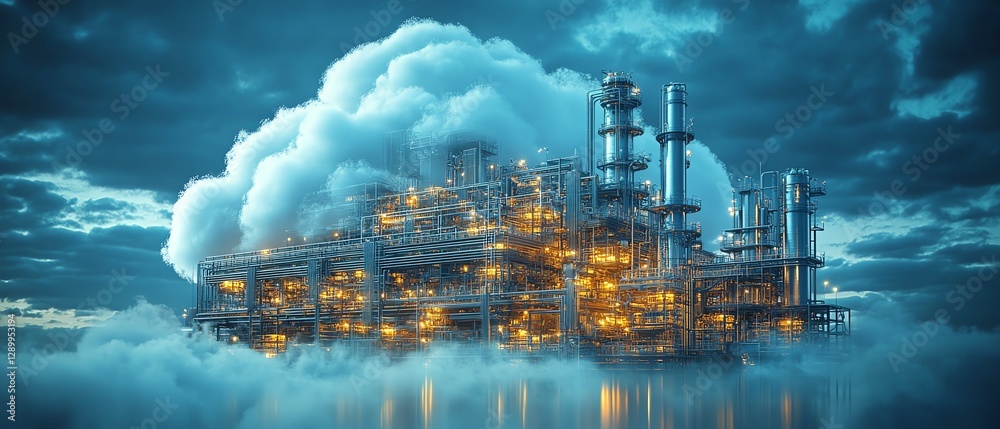 Poster Creative illustration of cloud computing linked to a pipe network