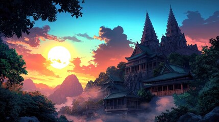 Majestic Asian Palace Sunset  Fantasy Landscape Illustration