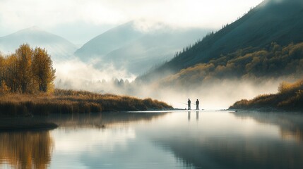 Serene Autumn Fishing Two Men Angling on a Misty Mountain Lake at Sunrise.