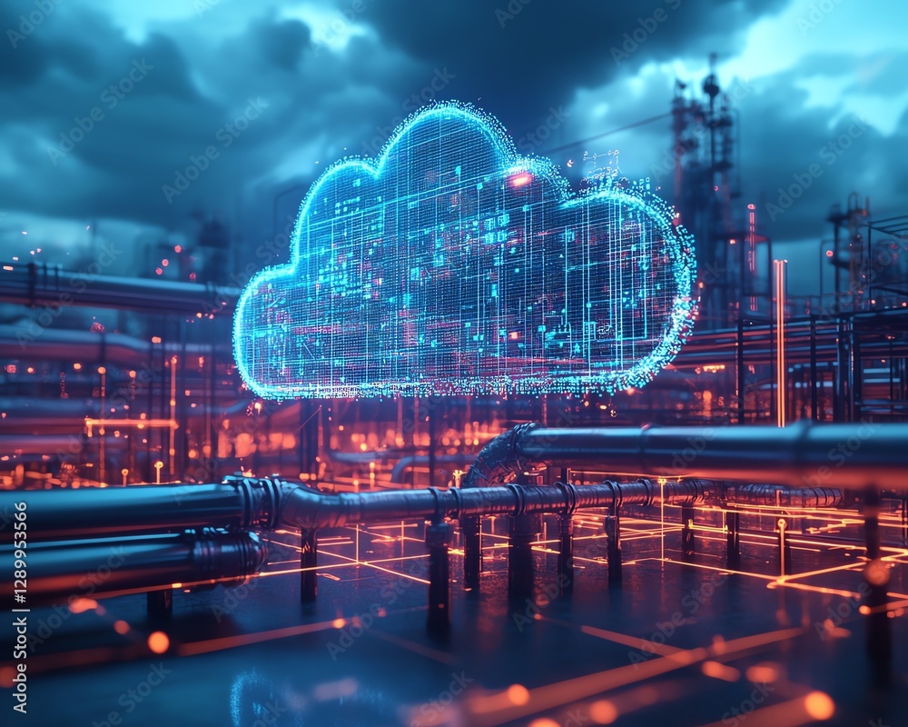Poster Dynamic illustration of cloud computing linked to pipes, symbolizing Industry 40, automation, data pipelines, and machine learning processes within digital infrastructure