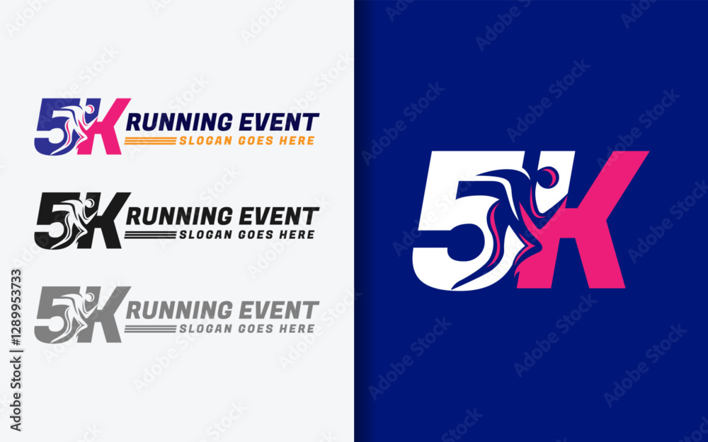 Poster 5k running event, a modern emblem showcasing a stylized runner combined with the number 5k, represen