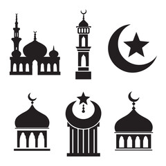 islamic Religious and Spiritual Symbols (mosque, Minner, etc.) Different Silhouette Vector on a White Background