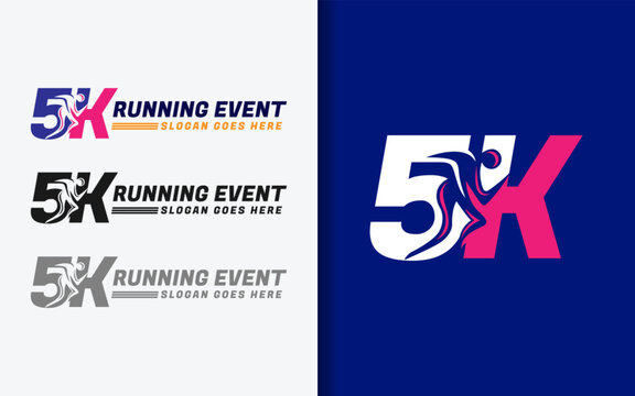 5k running event, A modern emblem showcasing a stylized runner combined with the number 5K, representing sport, competition, and determination.