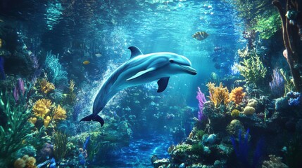 Fototapeta premium Captivating Dolphin Swimming Through Vibrant Coral Reef Wonderland