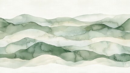 Obraz premium A tranquil landscape unfolds in shades of green, where watercolor mountains gently fade into a serene white background, evoking a sense of peace and tranquility, ideal for wall art or as a calming 